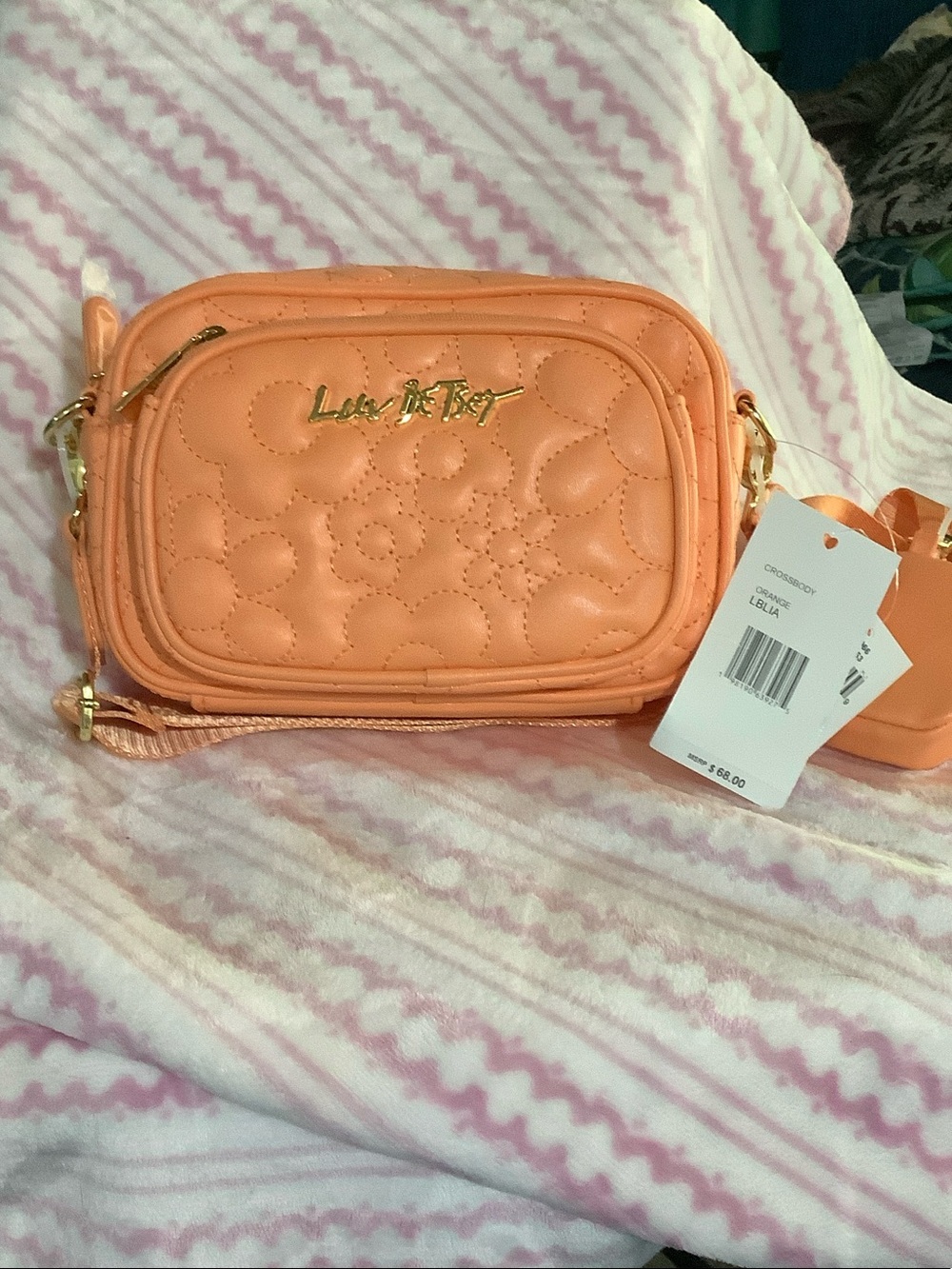 Betsey Johnson Peach Quilted Crossbody with Gold Logo